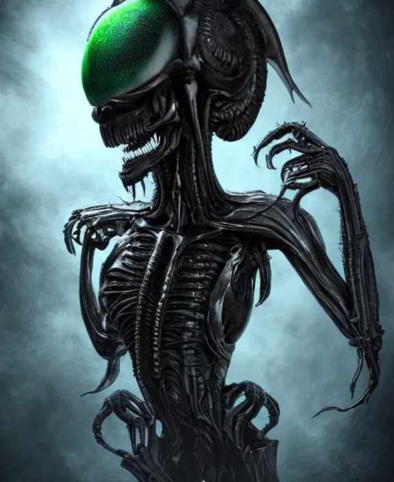 Image similar to xenomorph borg queen goth supermodel skull eyes hybrid, dragon eggs, dark emerald mist colors, giger background liminal void, cinematic lighting, realistic, award winning photograph, various refining methods, micro macro autofocus