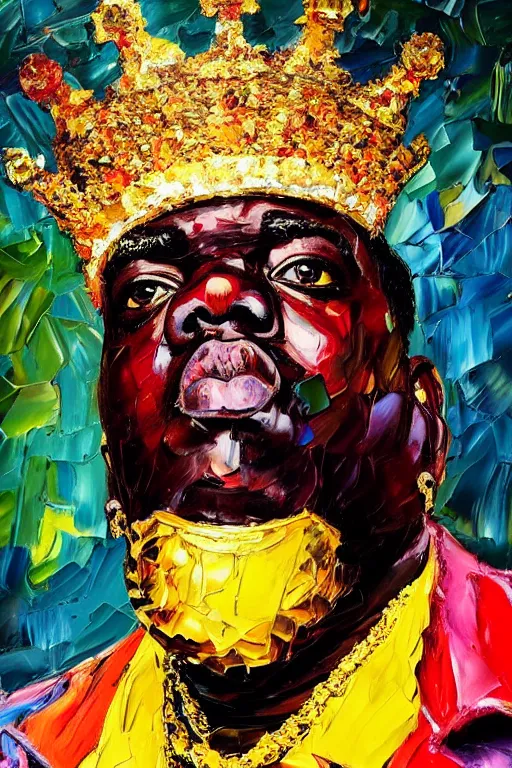 Prompt: palette knife oil painting portrait of notorious big, a king - with gold crown with rubies, man in mafia wear and australian aboriginal body paint, concrete balcony, nightclub, artstation trending, artgerm, any racial background, deviant art, hipster, octane, substance, art history 8 k