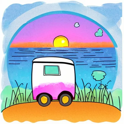 Image similar to beautiful cute cozy very little rv by the water, sunset, puffy cute clouds, cute simple cartoon, vector, white background, watercolor, 4 colors!!!