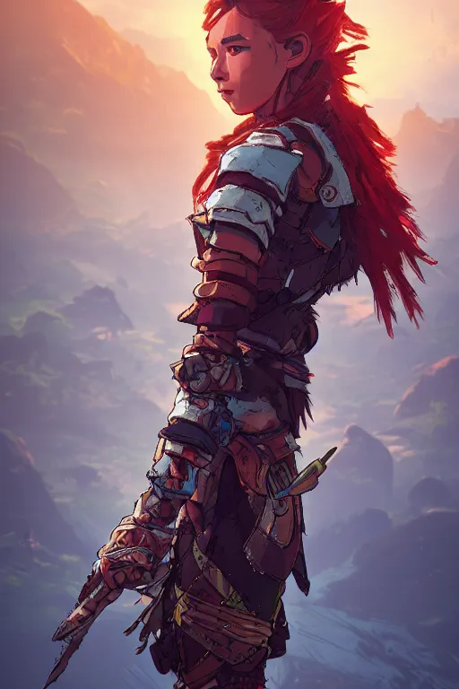 Image similar to combination suit armor aloy horizon forbidden west horizon zero dawn radiating a glowing aura global illumination ray tracing hdr fanart arstation by ian pesty and alena aenami artworks in 4 k tribal robot ninja mask helmet backpack