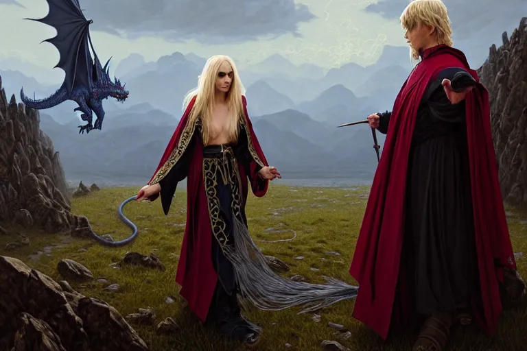 Prompt: mage fighting a dragon, gothic cloth mantle, blonde braided hair mage wearing gothic robe, misty mountain, movie action still frame, wide horizon, intricate, elegant, highly detailed, hyper realistic, digital painting, concept art, smooth, sharp, focus, illustration, art by artgerm, greg rutkowski, ilya kuvshinov, alphonse mucha