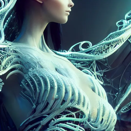 Image similar to beautiful wraithen biomechanical incredible technological hair, masterpiece crystalline incrustations, hyper - detailed face, elegant pose, movie still, intricate, octane render, cinematic lighting, cgsociety, unreal engine,