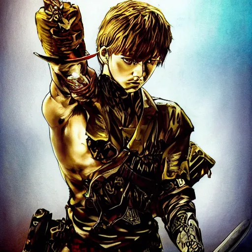 Prompt: portrait of a young white hero using his right arm to hold his sword covering his eye by yoji shinkawa, high quality, extra details, realism, ornate, colored, golden chain, blood, white skin, short hair, brown eyes, vivid, sunlight, american man, freedom, white american soldier, painting, cybernetics, military