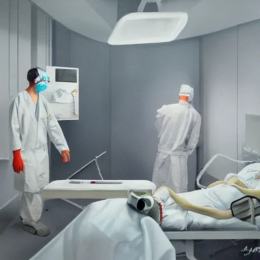 Prompt: surgeon in operation room smoking a bong, photorealistic painting, fanart, concept art, highly detailed