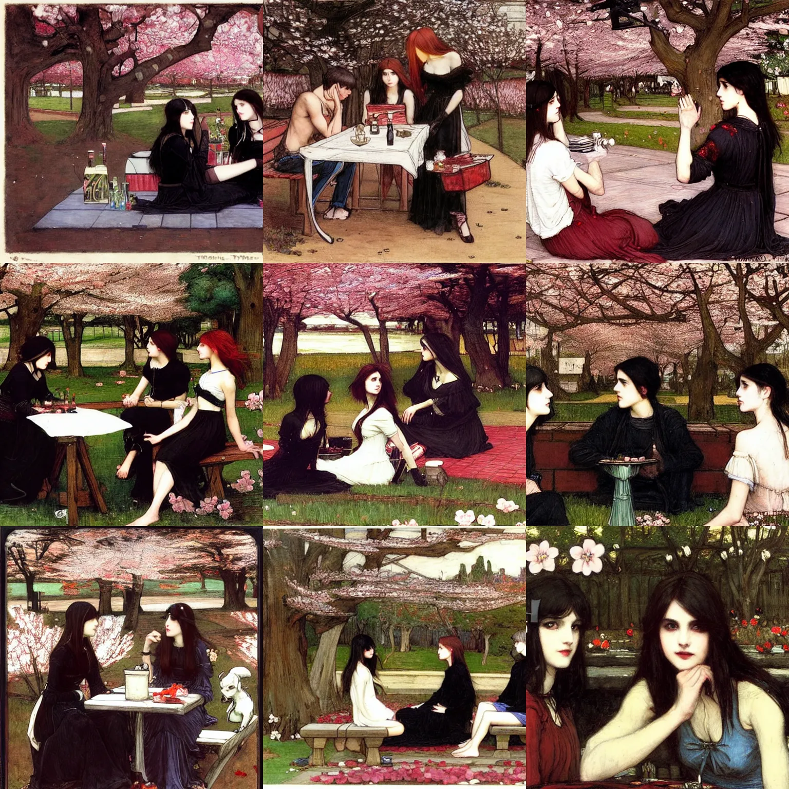 Prompt: art by john william waterhouse depicting three goths sitting at a picnic table in the shade, talking beneath a cherry blossom outside a blockbuster video store.