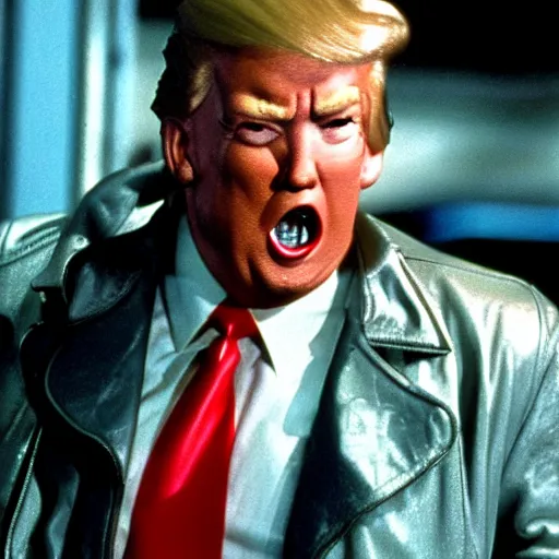 Prompt: A still of Donald Trump as The Terminator from T2 Terminator 2 Judgement Day. Extremely detailed. Beautiful. 4K. Award winning.