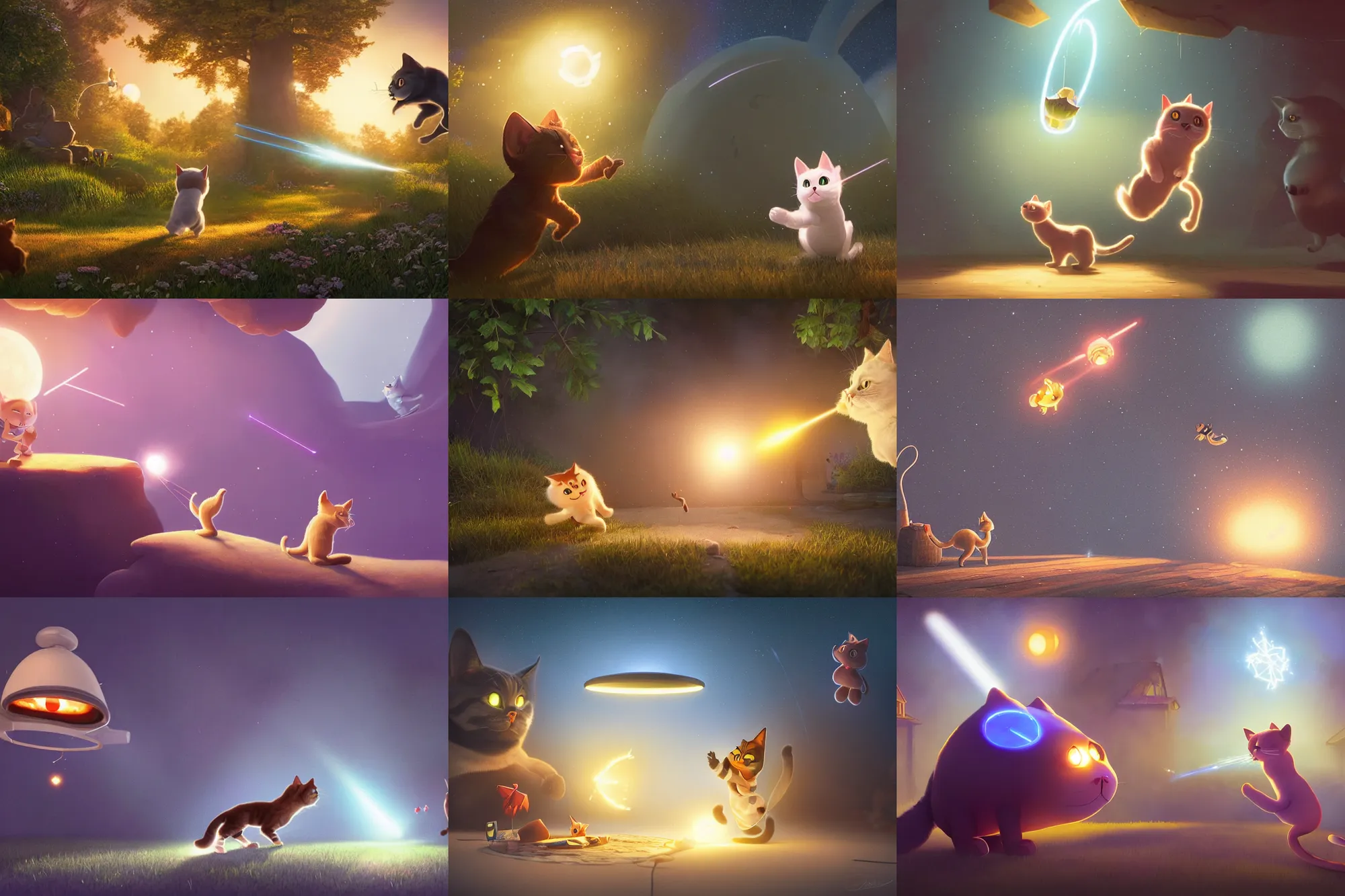 Prompt: a wholesome cottagecore illustration of a cat chasing a laser from a UFO, Pixar and Disney animation, sharp, Rendered in Redshift and Unreal Engine 5 by Greg Rutkowski, Bloom, dramatic lighting