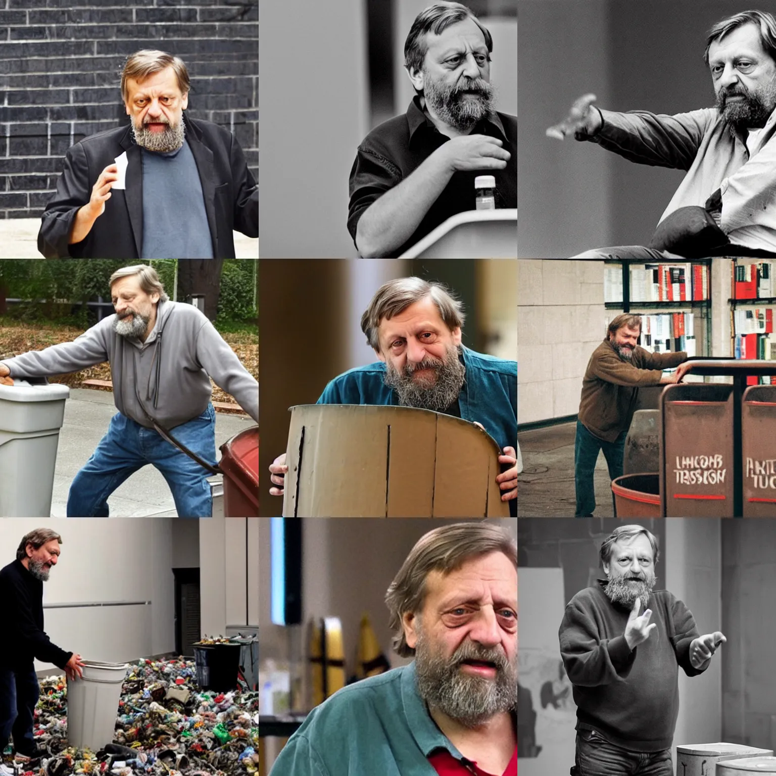 Prompt: slavoj zizek tipping over the trashcan of ideology