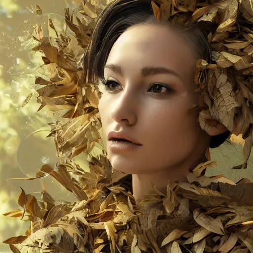 Image similar to a highly detailed digital image of a futuristic woman elegantly wrapped with leaves, by Andrea Chiampo, artstation and Frederik Heyman, extremely detailed woman, stunning volumetric lighting, hyper realism, fantasy 4k