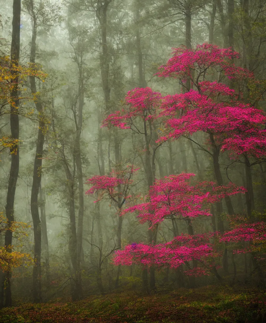 Prompt: a mysterious, foggy forest with haunted trees and colorful flowers