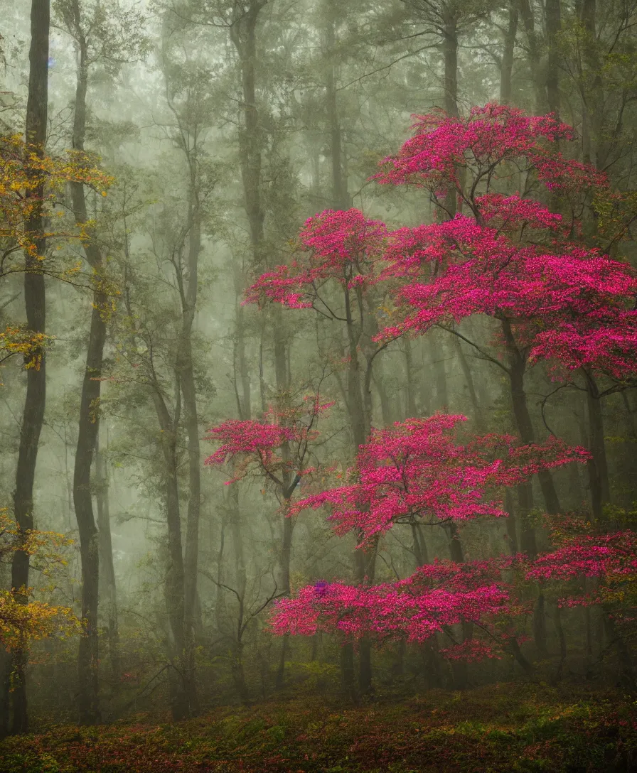 Image similar to a mysterious, foggy forest with haunted trees and colorful flowers