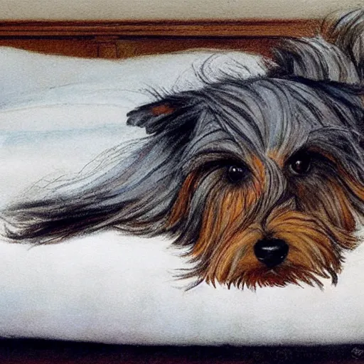 Image similar to an old happy brown and gray Yorkshire terrier dog lounging in a white bed, long hair, extremely detailed masterpiece, illustration, by Michael Sowa,