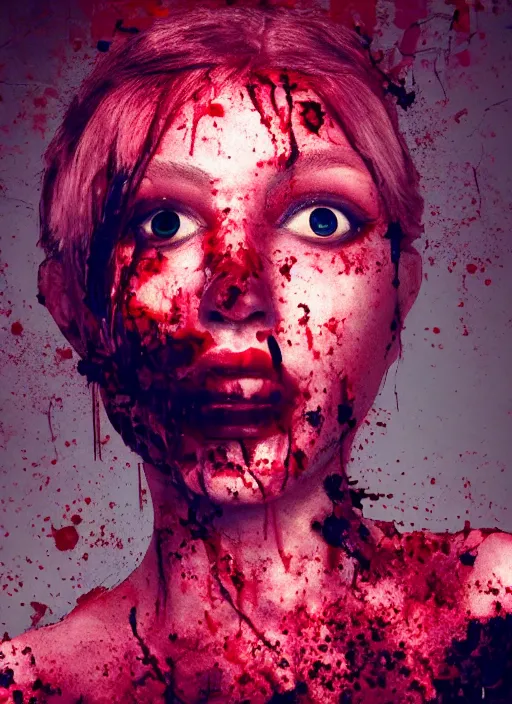 Image similar to a bloodied woman with insect eyes is pictured on the wall, glitch art, octane render, trending on artstation