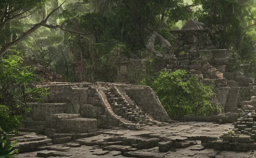 Image similar to Fashion Runway!, Catwalk!!, Platform in a Maya Temple in the Rainforest, Concept Art, Octane, Redshift, 4k
