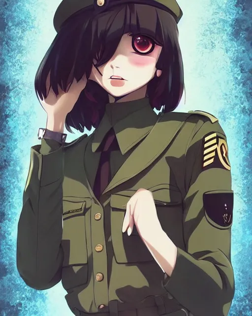 Image similar to Anime girl is dressed in military uniform. Anime. by lois van baarle, ilya kuvshinov, rossdraws, Ghibli marker anime art, manga