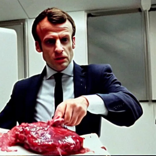 Image similar to Emmanuel Macron cooking fresh bloody meat in American Psycho (1999)