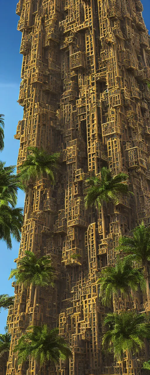 Image similar to eye level view of a contemporary babylon tower, golden intricate details, stone facade, sacred architecture, hanging gardens, cascading highrise, arid mountains with lush palm forest, photorealistic, sunlight, post - production, octane, cgi, sfx