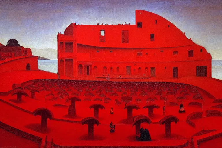 Image similar to only with red, a red great emperor, taormina amphitheatre, expressive crowd hails him, in the style of beksinski, parts by edward hopper, parts by rodcenko, parts by yue minjun, intricate and epic composition, red by caravaggio, insanely quality, highly detailed, masterpiece, red light, artstation, 4 k