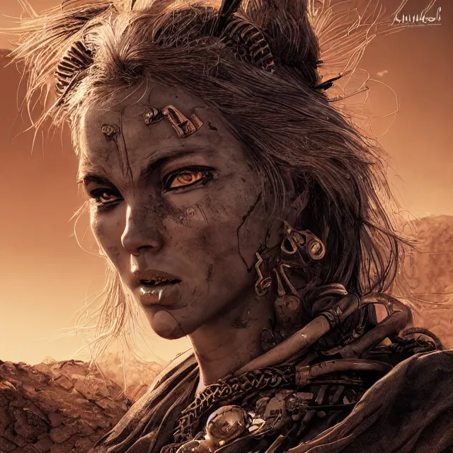 Image similar to woman warrior from mad max, sunny desert, gorgeous, elegant, young gravure idol, an ultrafine hyperdetailed illustration by kim jung gi, irakli nadar, intricate linework, bright colors, unreal engine 5 highly rendered, global illumination, radiant light, detailed and intricate environment