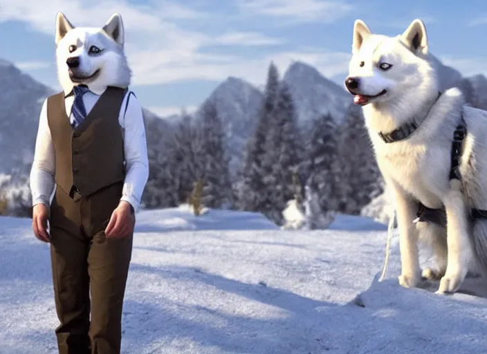 Image similar to film still of an anthropomorphic standing upright man dog white vested husky!!!!!! in a white vest wearing a white vest!!!!! in the new sci - fi movie, 8 k