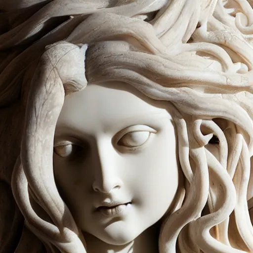 Prompt: female medusa long hair, marble statue, beautiful delicate face, macro shot head, sea background