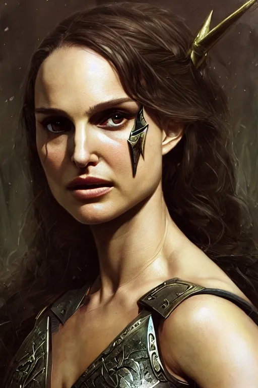 Image similar to natalie portman, legendary warrior, heroic, lord of the rings, tattoos, decorative ornaments, battle armor, by carl spitzweg, ismail inceoglu, vdragan bibin, hans thoma, greg rutkowski, alexandros pyromallis, perfect face, fine details, realistic shading photorealism