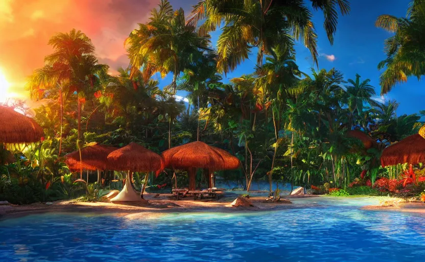 Image similar to a tropical resort in a jungle paradise, with a beautiful red and blue sunset, dynamic lighting, photorealistic fantasy concept art, trending on art station, stunning visuals, creative, cinematic, ultra detailed, ray tracing, sun rays