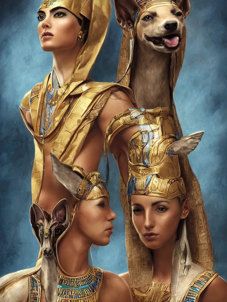 Prompt: portrait of a beautiful female ancient Egyptian goddess next to Anubis as a whippet, by Alessio Albi, painted by Artgerm