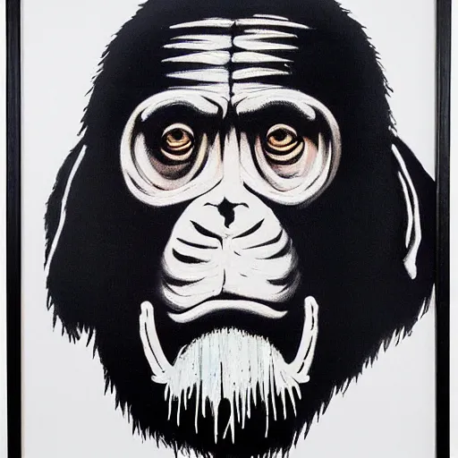 Image similar to ape painting a picture made by banksy, symmetrical facial features,