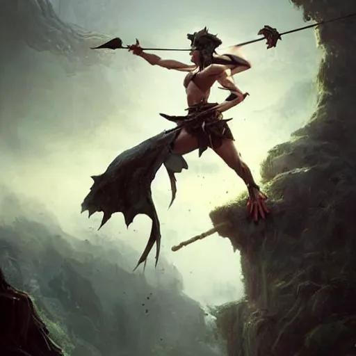 Image similar to scary godlike fairy killing a frog , muscular , upper body , epic , traditional makeup , gorgeous features , Post-processing , low angle , Greg rutkowski legendary matte painting , masterpiece