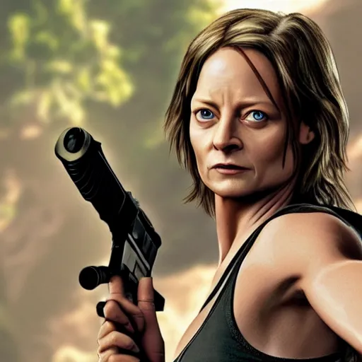 Image similar to jodie foster as lara croft, 8 k, realistic, high detail, hd face