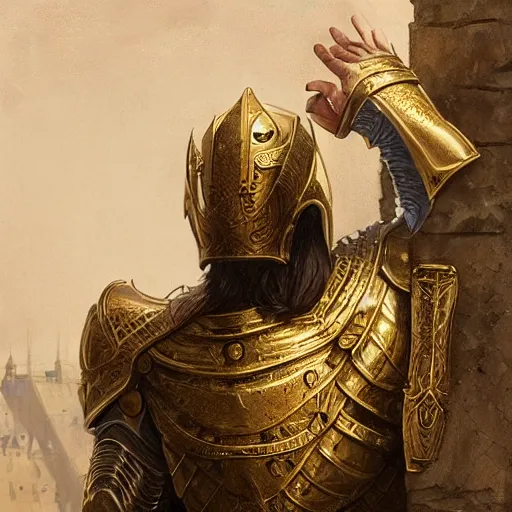 Image similar to Portrait of a young king wearing gold armor making a speech from a balcony, fantasy, medieval, highly detailed, Artstation, painting by greg rutkowski