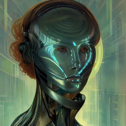 Image similar to portrait of a beautiful ginger male android, coy, circuitry visible in head, in the style of ex machina, karol bak, alphonse mucha, greg rutkowski, award winning, hr giger, artstation