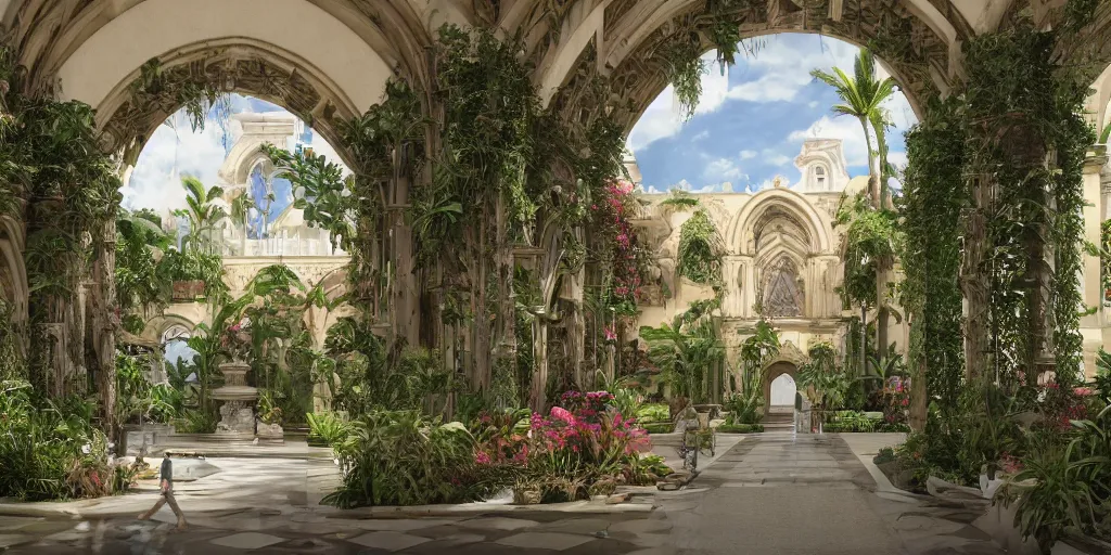 Image similar to cathedral interior with koi pond in the middle surrounded by palm trees, ivy, flowers, tropical plants, roses, and with archways. rendered in octane render with photorealistic lighting, leyendecker, greg rutkowski, artgerm