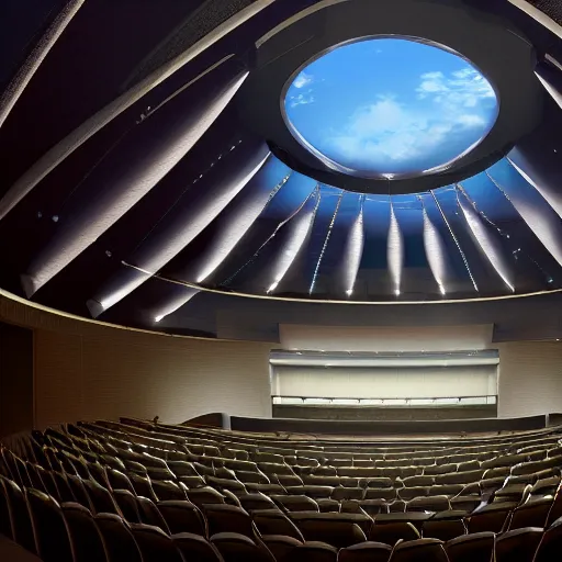 Prompt: landscape architect art of a large ominous theatre with a large center - stage lit by the sunlight of a skylight dome above the stage, detailed illustration, dramatic lighting