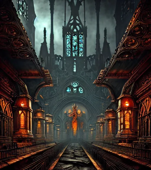 Image similar to steam necropolis, memento mori, gothic, neo - gothic, art nouveau, hyperdetailed copper patina medieval icon, stefan morrell, philippe druillet, ralph mcquarrie, concept art, steampunk, unreal engine, detailed intricate environment, octane render, moody atmospherics, volumetric lighting, ultrasharp, ominous, otherworldly