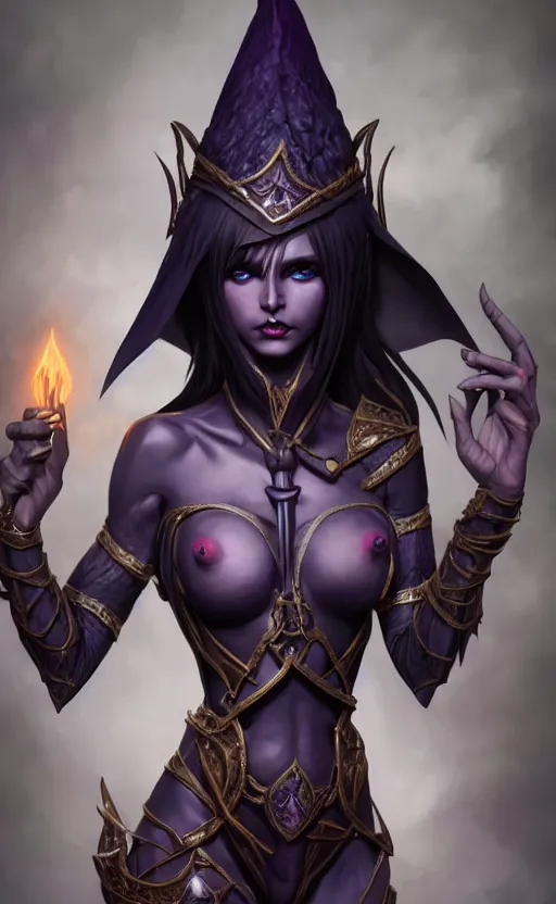 Image similar to full body shot of dark elf witch, highly detailed, d & d, fantasy, highly detailed, digital painting, trending on artstation, concept art, sharp focus, illustration, global illumination, ray tracing, realistic shaded, art by artgerm and greg rutkowski and fuji choko and viktoria gavrilenko and hoang lap,