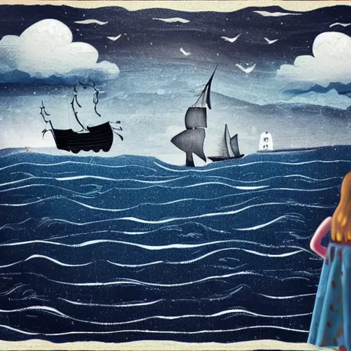 Prompt: a girl is pirate in a ship which is sailing in dark sea sky is dark blue and clouds and thunderstorms coming in far waves are big detailed picture