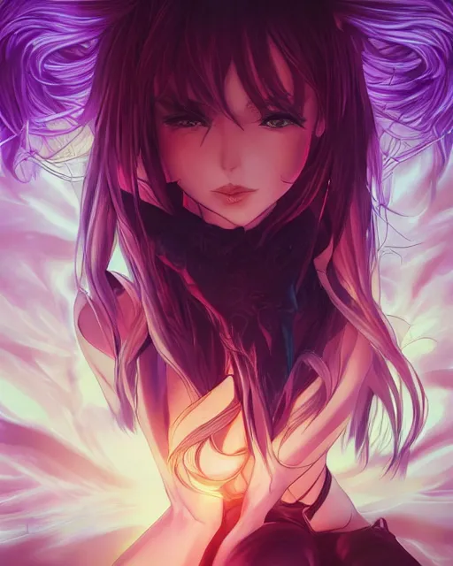 Image similar to artgerm anime illustration of a woman entranced, portrait, bewitched, mesmerized, hypnotized, highly detailed, dramatic lighting, cinematic composition, concept art, sharp focus, colorful, photorealistic