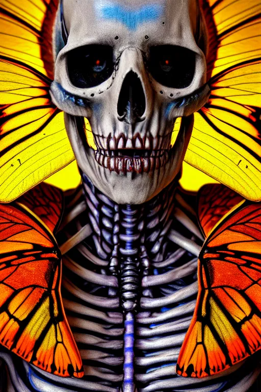 Image similar to a portrait of a skelton with moth wings, highly detailed, digital photo, hdri, by christopher bretz and john carpenter, vivid colors, high contrast, 8 k resolution, intricate, photorealistic, smooth, psychedelic color scheme, concept art, award winning, cg society contest winner