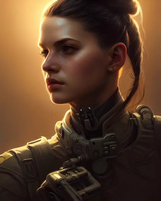 Image similar to beautiful female soldier, portrait, cyberpunk, ultra detailed, elegant, intricate, dynamic lighting, hyperrealism, digital art, digital painting, artstation, wlop, sharp focus, illustration, art by artgerm and greg rutkowski and alphonse mucha, 8 k