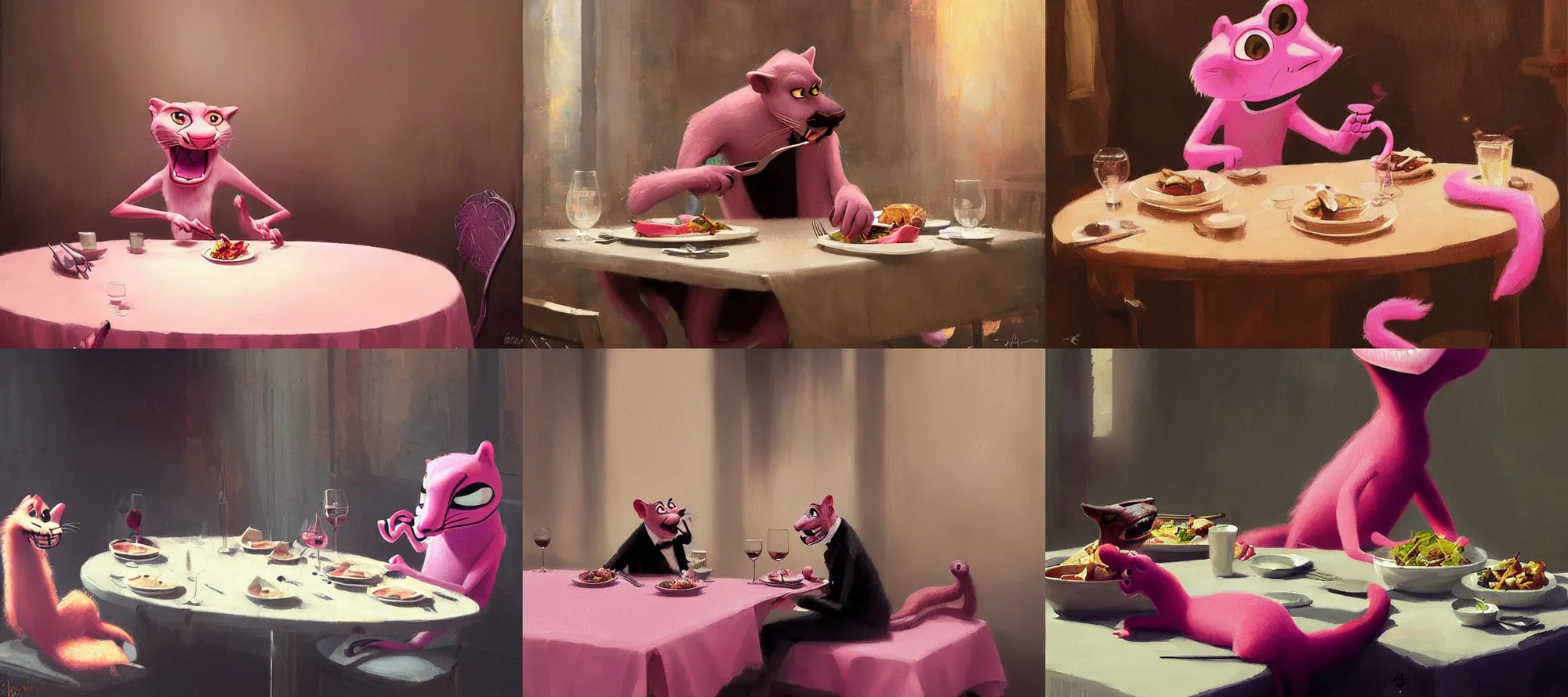 Prompt: pink panther eating dinner at a table happiness is temporary by greg rutkowski