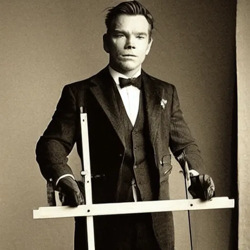 Image similar to ewan mcgregor is dressed as a gentleman at early 2 0 th century paris. he is standing next to an easel. that easel has a canvas on it.