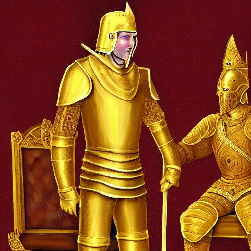 Image similar to a tall royal knight in golden armor bowing to his king in a throne room, painting, digital art, harsh lighting