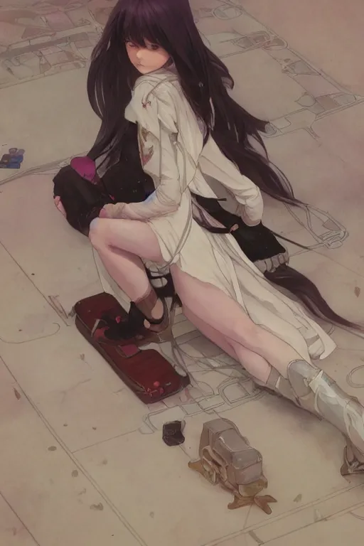 Image similar to a white haired girl with a guitar on her back sitting on the floor taking off her socks, 4 5 angel by krenz cushart and mucha and akihito yoshida and greg rutkowski, 4 k resolution