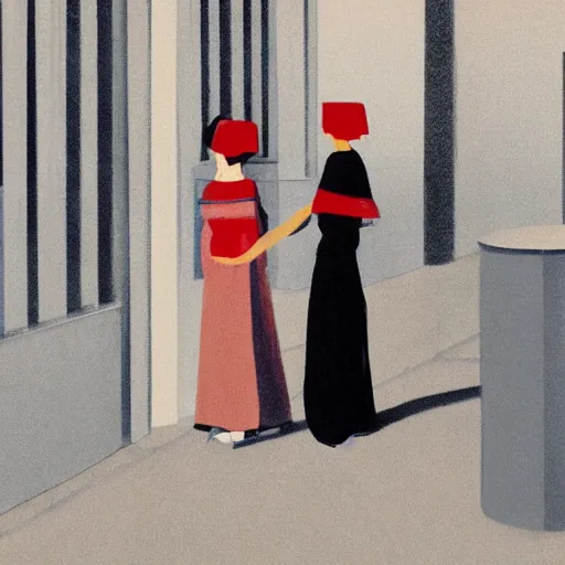 Image similar to Woman holding another woman, arm around her neck, she is Korean, the other black girl, both have red lips, wearing black veils, Edward Hopper and James Gilleard style