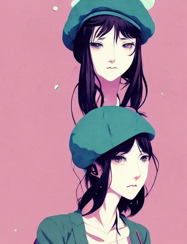 Prompt: singular girl wearing a beret, very anime!!! anime!! intricate details, aesthetically pleasing pastel colors, cool shaded poster background, art by conrad roset and ilya kuvshinov