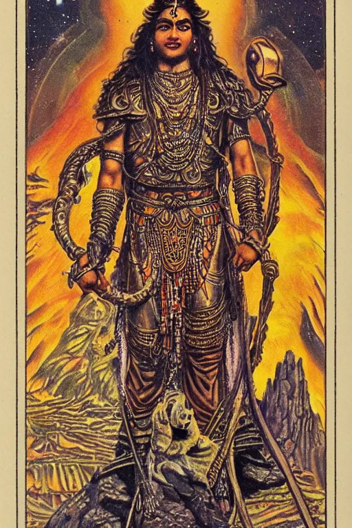 Image similar to Portrait of an shiva with long hair wearing armor with ornate bronze and gold, Art Noveau retro science fiction cover by William Morris and Kelly Freas (1965), vintage 1960 print, tarot card, vivid, highly detailed, cgsociety, artgerm