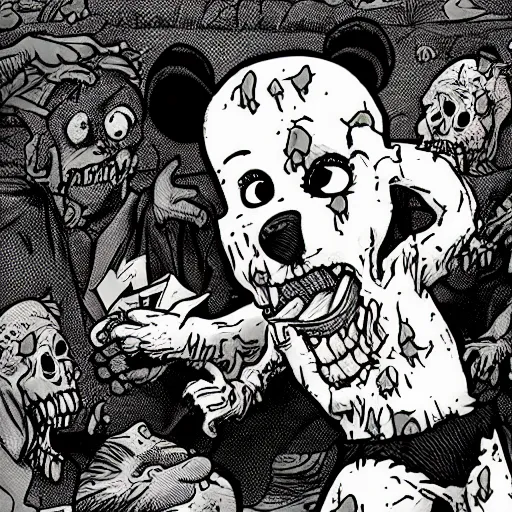 Prompt: zombie Winnie the Pooh eating a pile of flesh