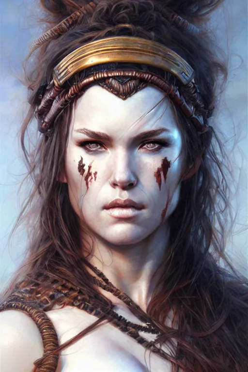 Prompt: head and shoulders portrait of a barbarian, female, by artgerm, krenz cushart, wlop, donato giancola, magali villeneuve, luis royo